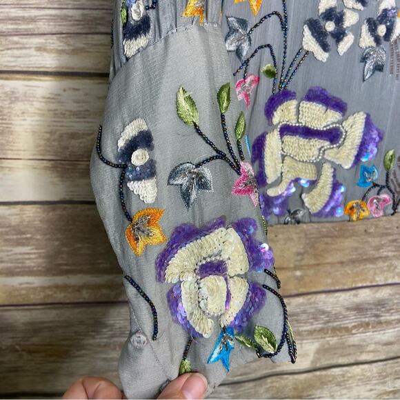 Vintage L heavily embroidered and beaded skirt set sage green floral motif - Picture 3 of 12